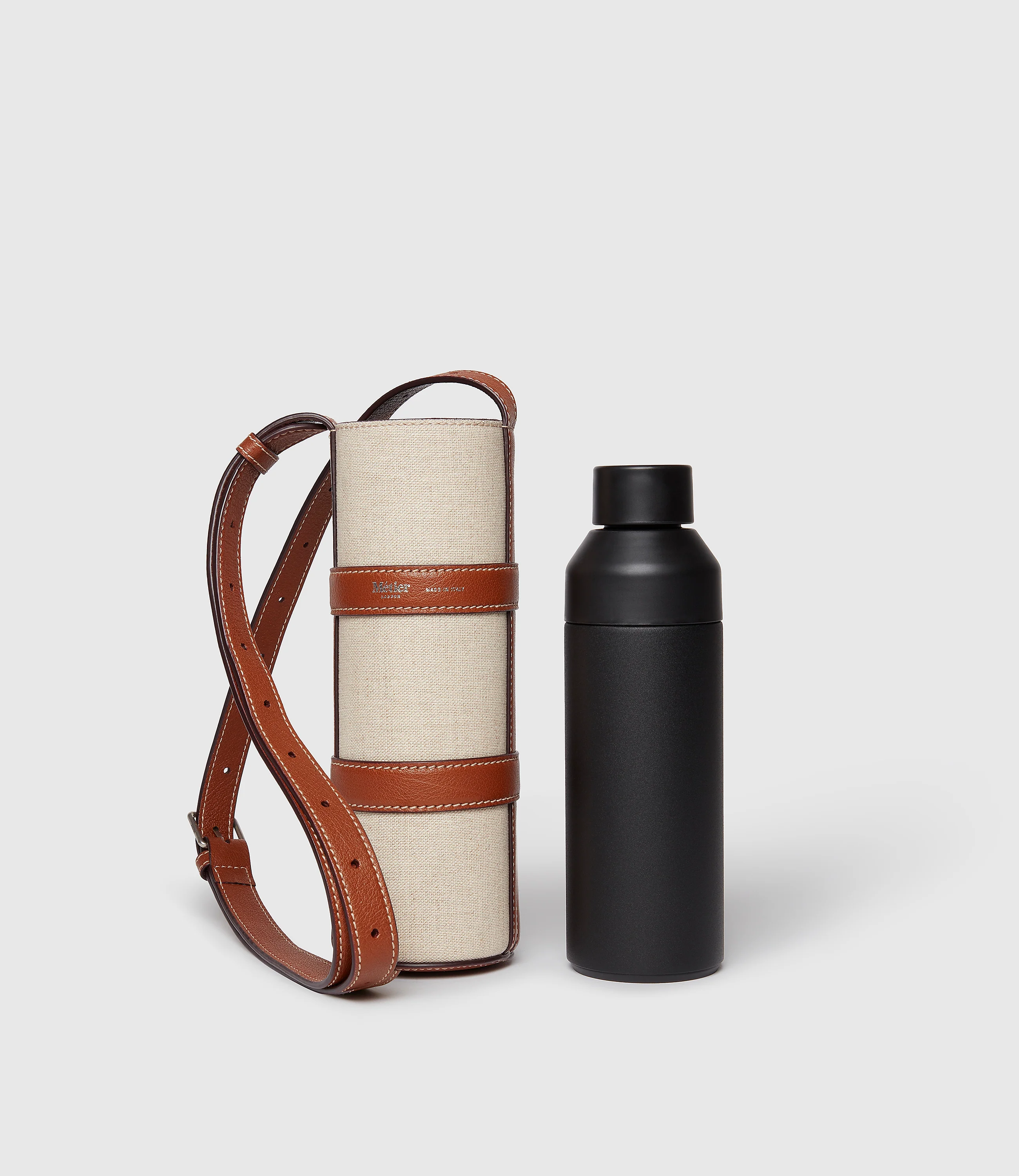 Water Bottle Holder Natural Linen with Cognac - Image 2