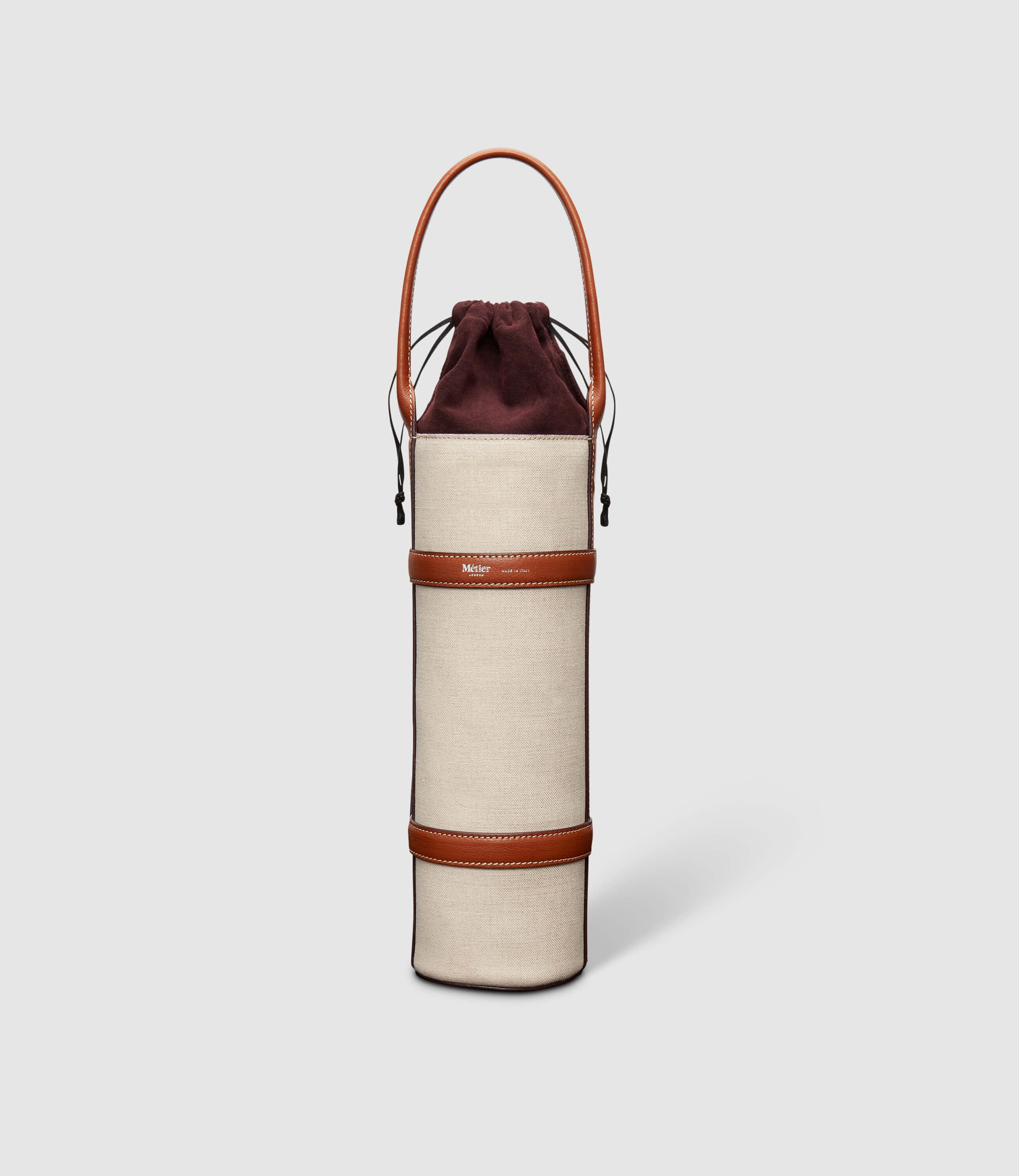 Single Wine Carrier Natural Linen with Cognac
