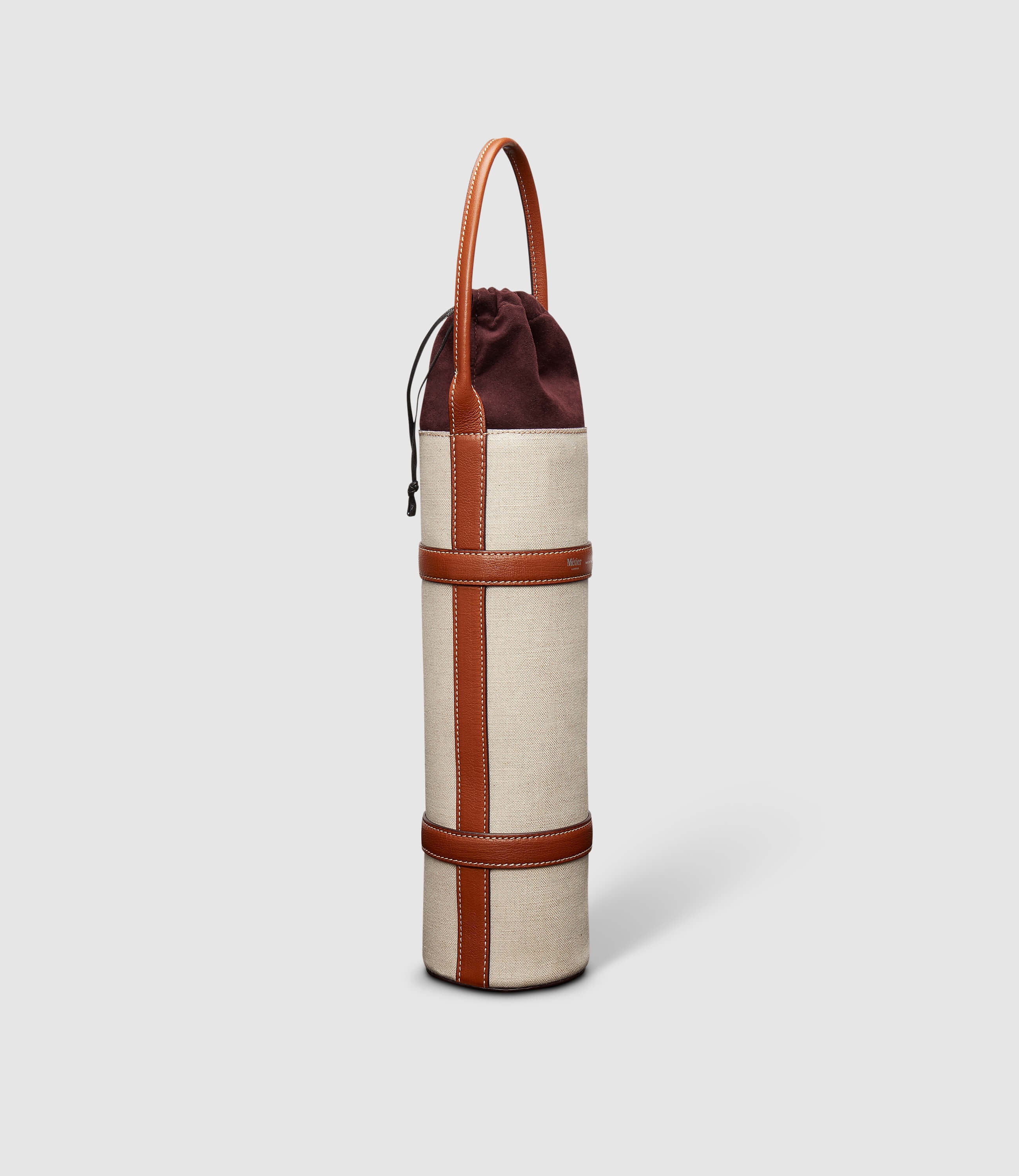 Single Wine Carrier Natural Linen with Cognac - Image 2
